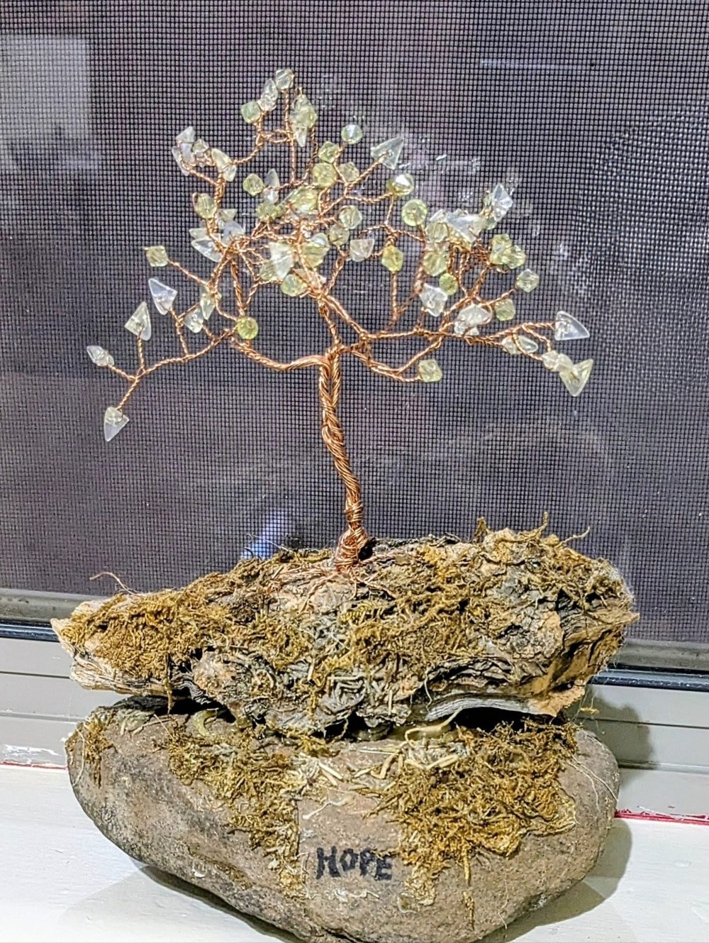 Hope Tree: Copper Wire Tree Sculpture with Light Green crystal Like Leaves
